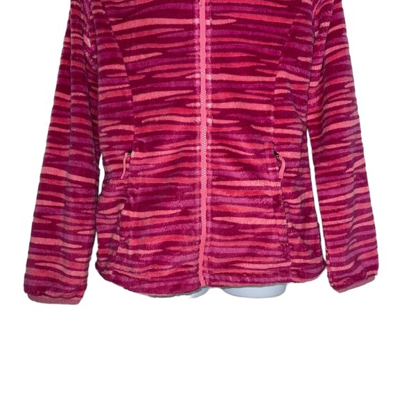 The North Face Pink Fleece Jacket Girls L 14 16 Striped Embroidered Logo Pockets - Picture 3 of 10